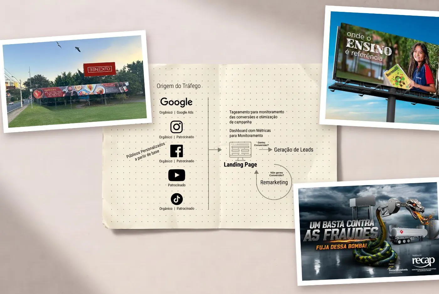 Ações de marketing da Dale!: estratégia de tráfego, landing page, geração de leads e remarketing, com campanhas do Benedito, Colégio Asther e RECAP