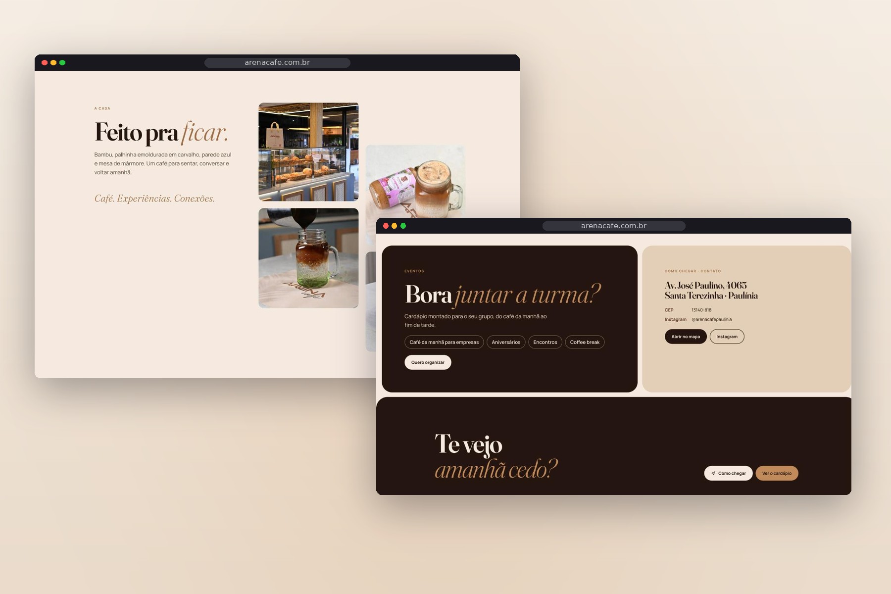 Seções A Casa, eventos e contato do site Arena Café