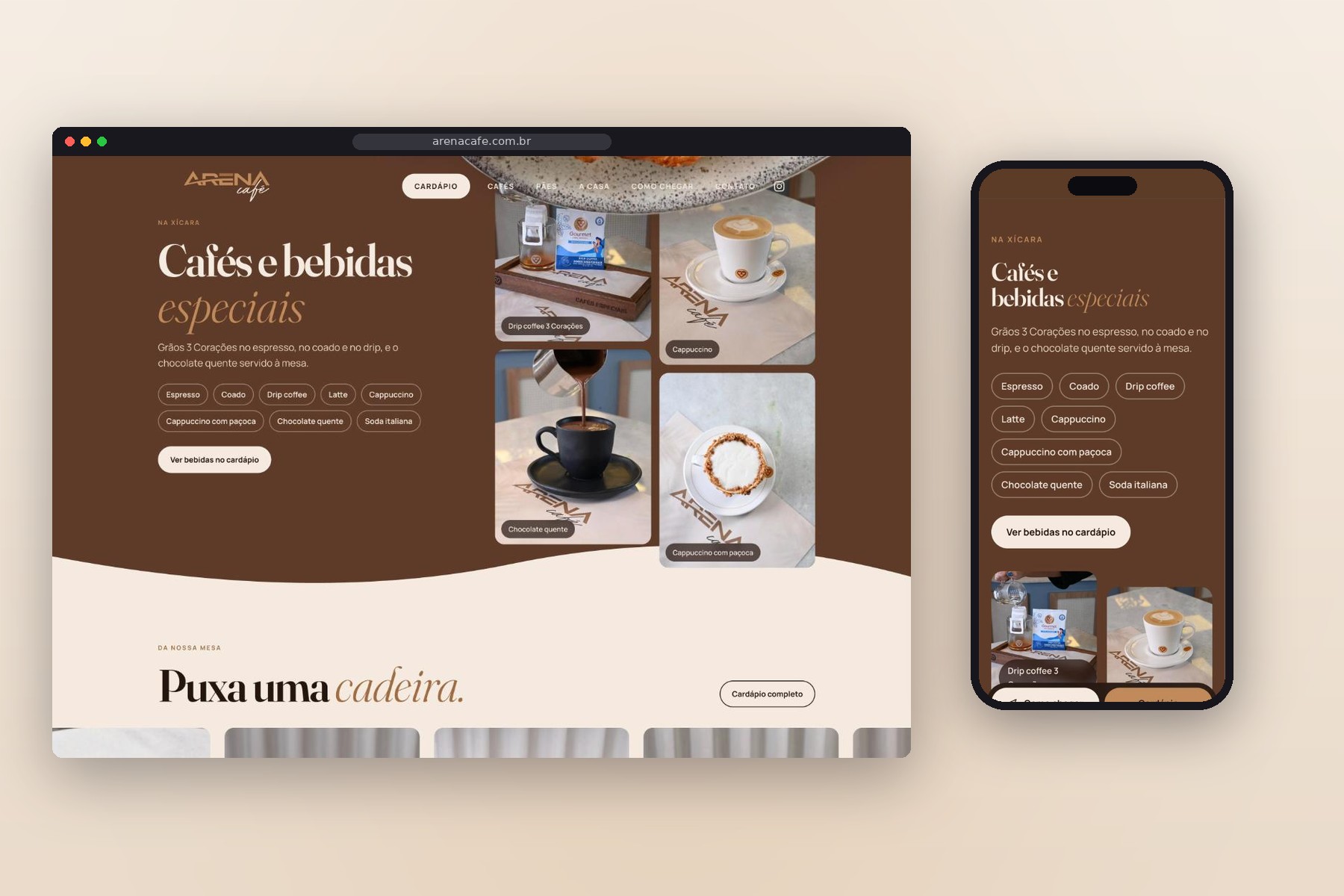 Seção de cafés e bebidas especiais do site Arena Café