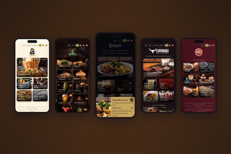 Cardápio digital dinâmico da Dale no celular: Banana Café, Grainne's, Cenário, Ramalho Experience e Mister Piu