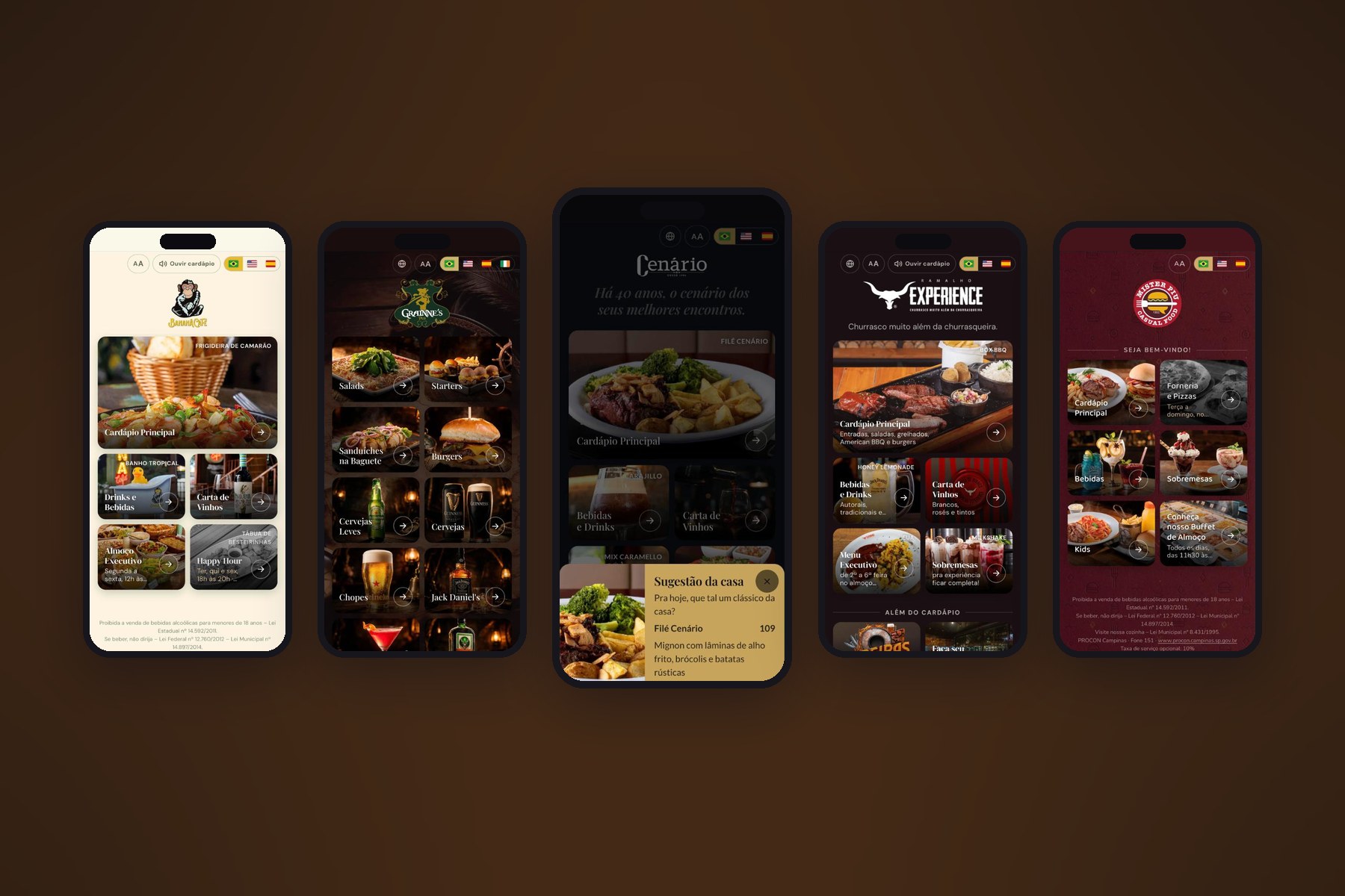 Cardápio digital dinâmico da Dale no celular: Banana Café, Grainne's, Cenário, Ramalho Experience e Mister Piu