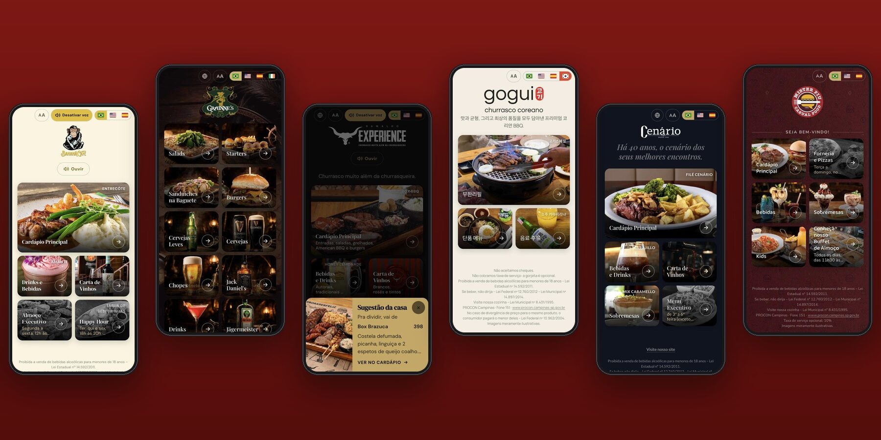 Cardápios digitais dinâmicos da Dale! em seis casas de Campinas: Banana Café, Grainne's, Ramalho Experience, Gogui, Cenário e Mister Piu