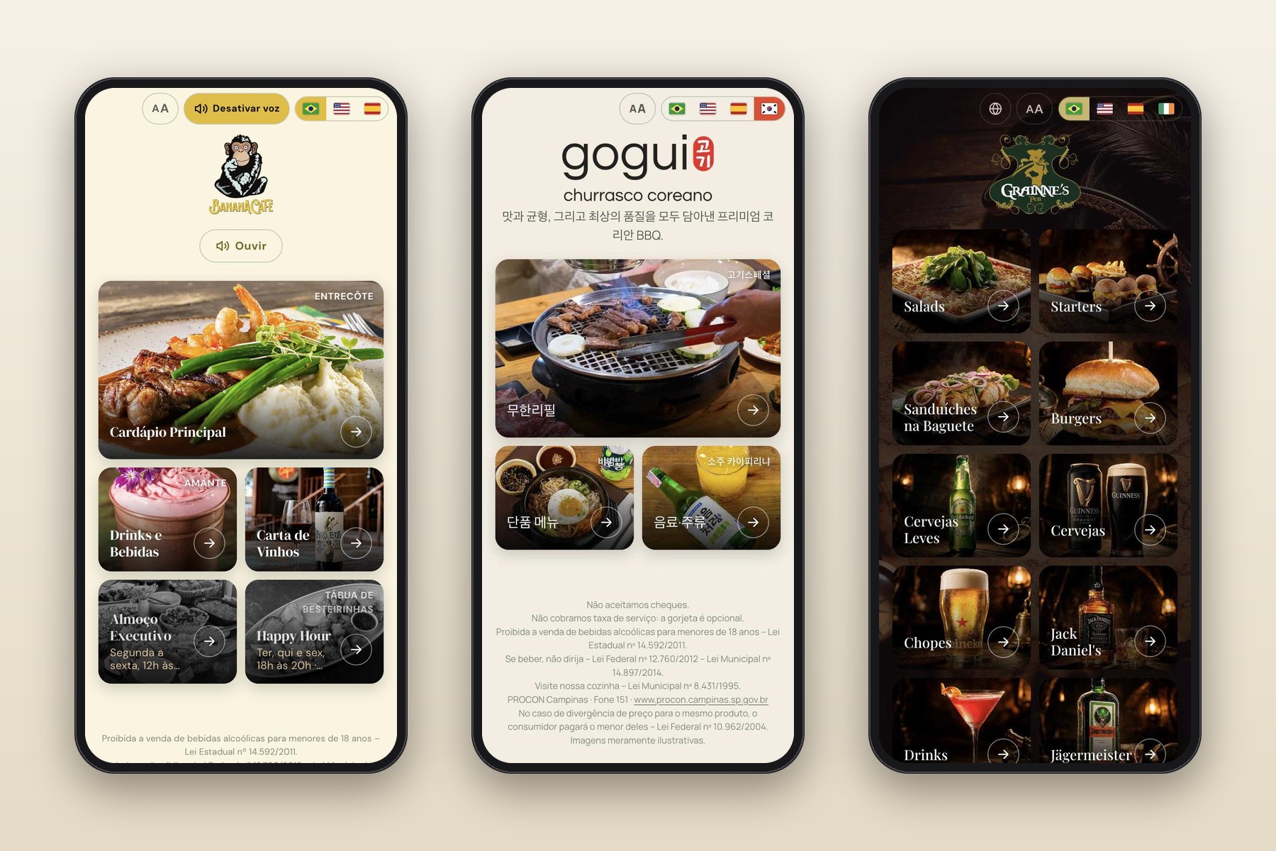 Cardápio digital em vários idiomas: Banana Café, Gogui em coreano e Grainne's Irish Pub