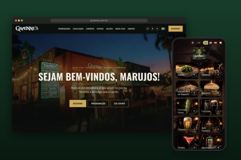 Novo site do Grainne's Irish Pub e cardápio digital no celular