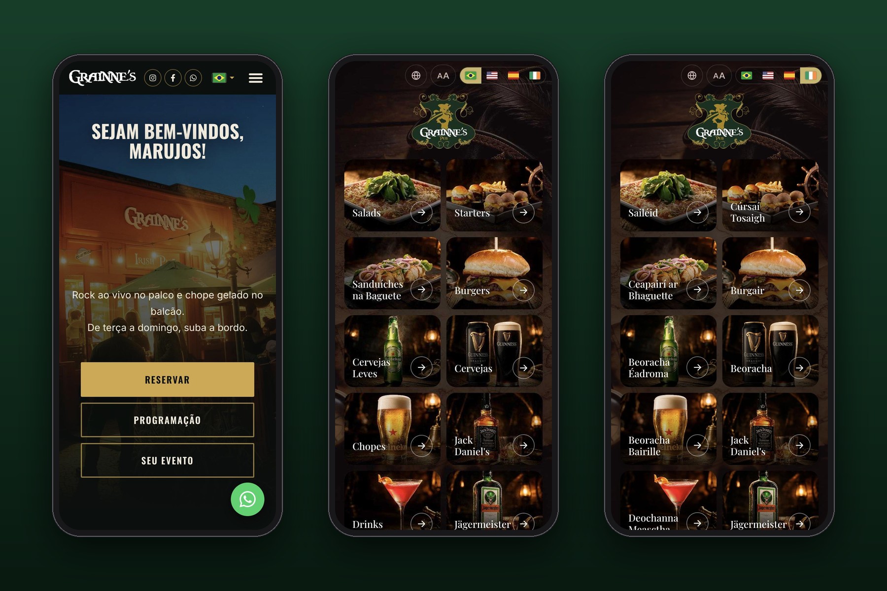 Site do Grainne's no celular e cardápio digital em português e em irlandês Site do Grainne's no celular e cardápio digital em português e em irlandês