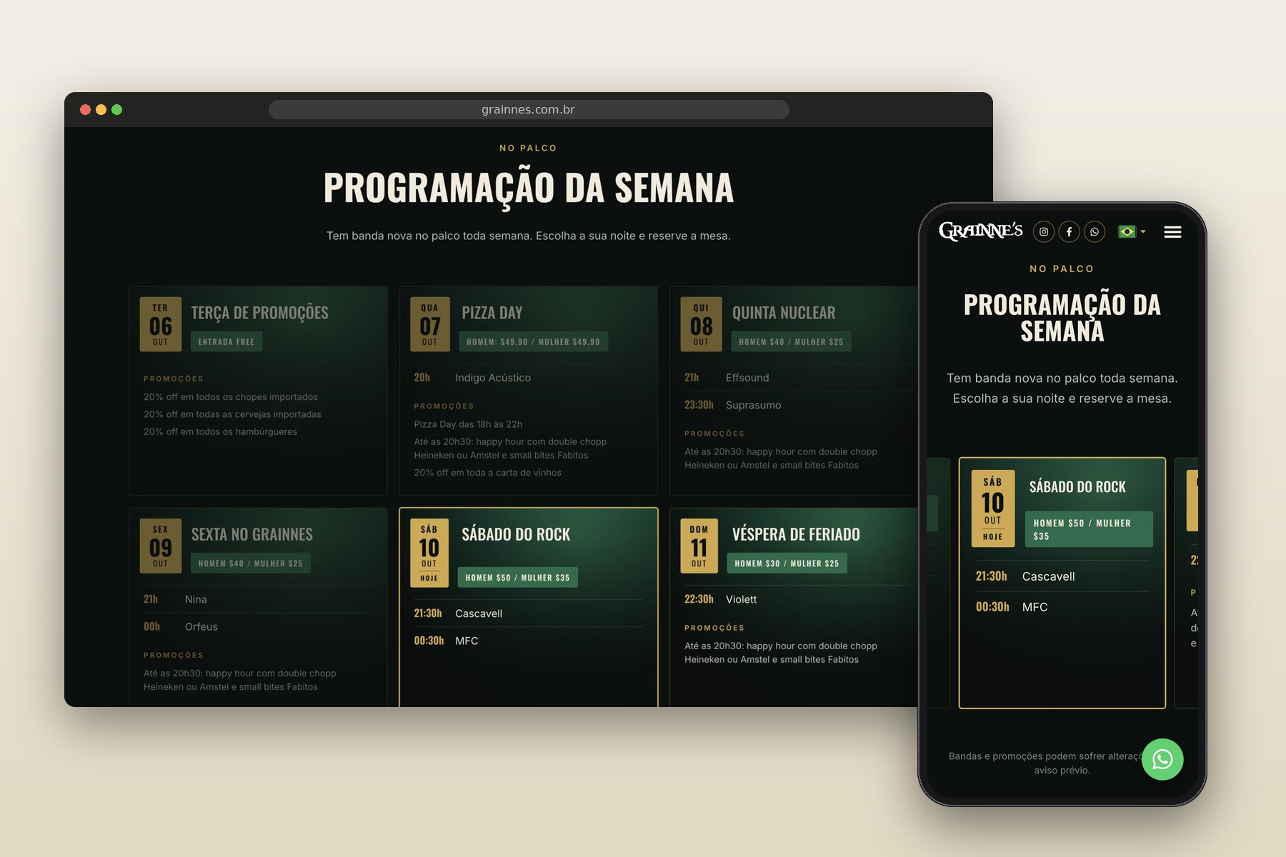 Programação da semana no novo site do Grainne's Irish Pub, no computador e no celular Programação da semana no novo site do Grainne's Irish Pub, no computador e no celular