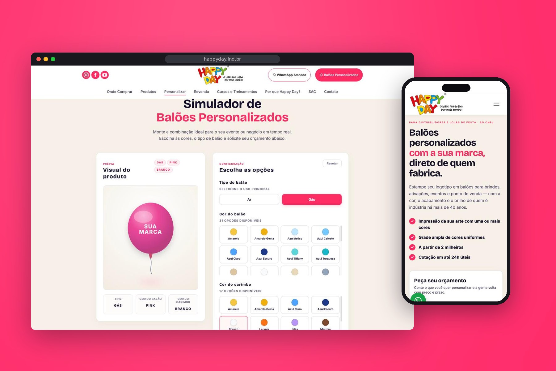 Página Personalizar do site da Happy Day com o simulador de balões personalizados