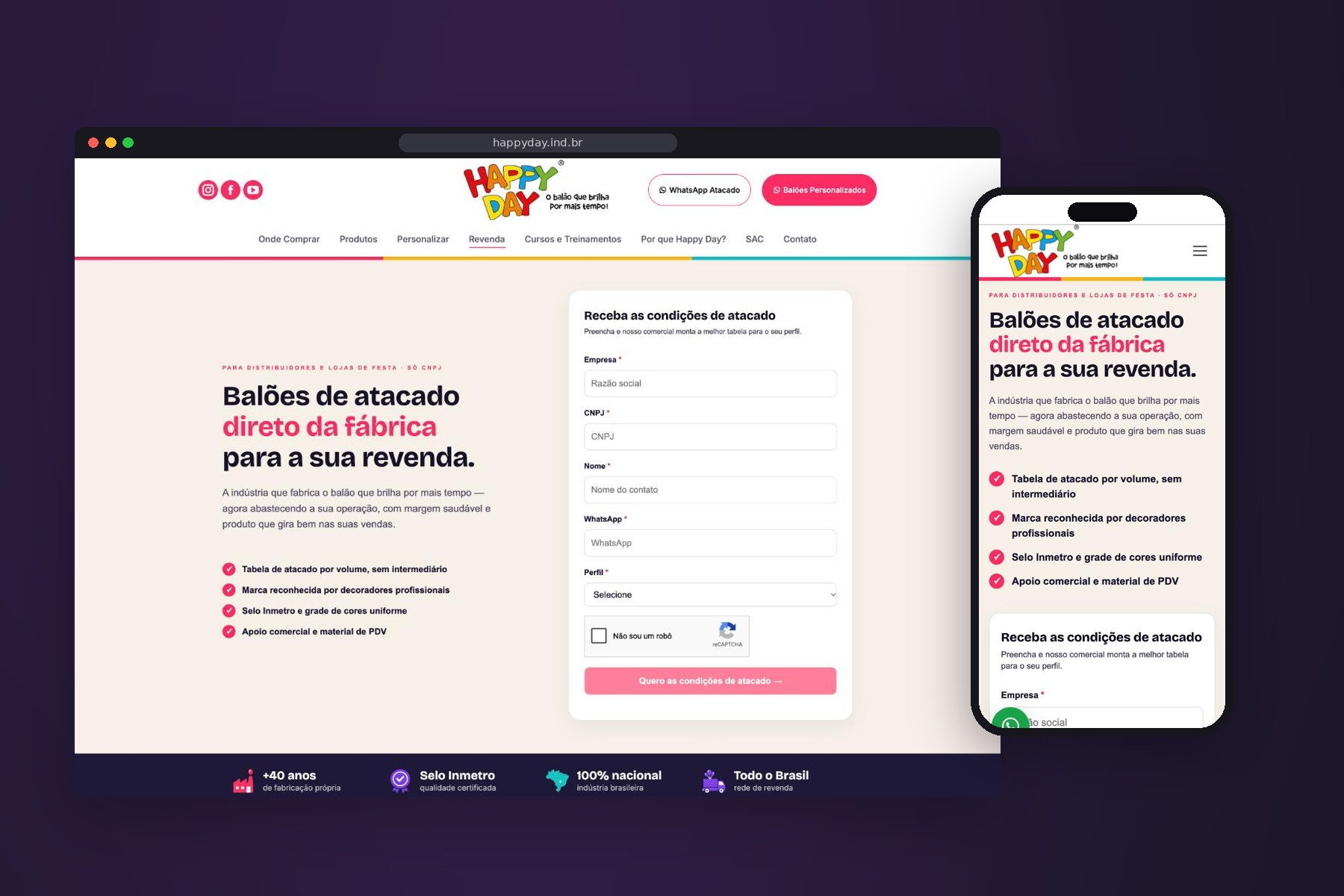 Página Revenda do site da Happy Day com o formulário de condições de atacado