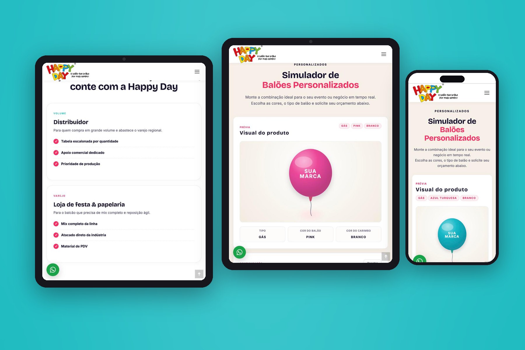 Site da Happy Day adaptado para tablet e celular, com o simulador de balões personalizados