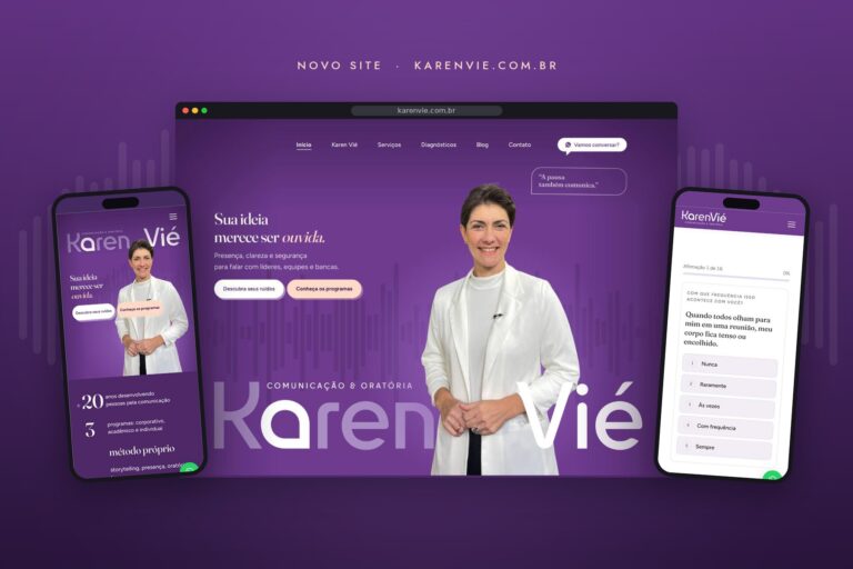 Novo site da Karen Vié, comunicação e oratória, em desktop e celular
