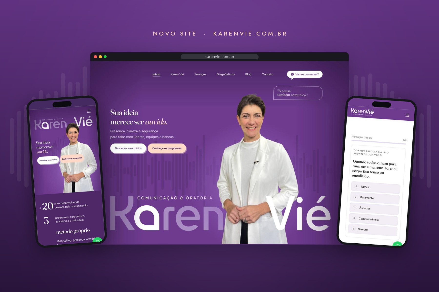 Novo site da Karen Vié, comunicação e oratória, em desktop e celular