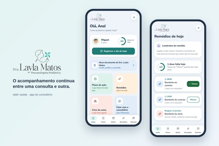 App dale! saúde da Dra. Layla Matos: telas do app da família (dados fictícios)