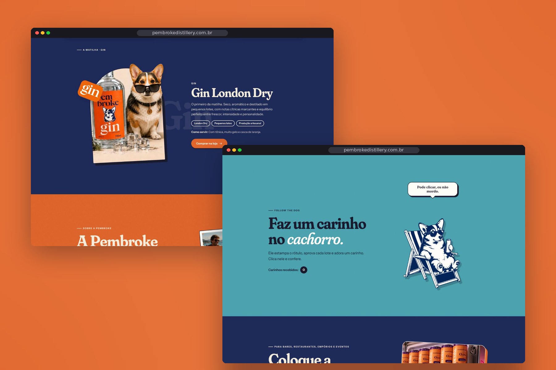 pembroke-site-gin-e-follow-the-dog Seções do Gin London Dry e do corgi Follow the Dog no novo site da Pembroke