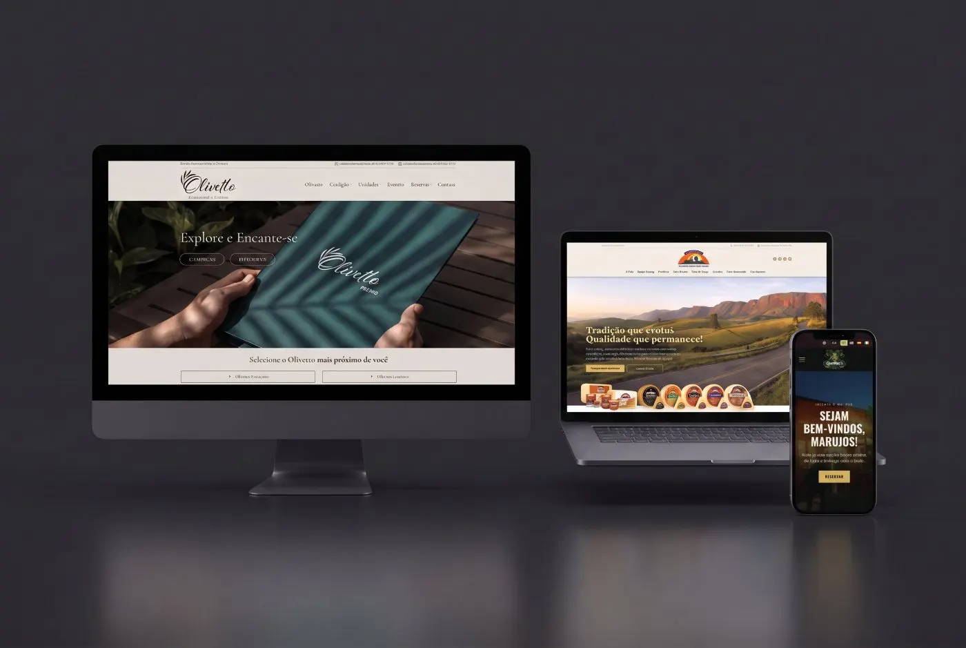 Sites criados pela Dale!: Olivetto no desktop, Sítio Recanto do Queijo no notebook e Grainne’s no celular