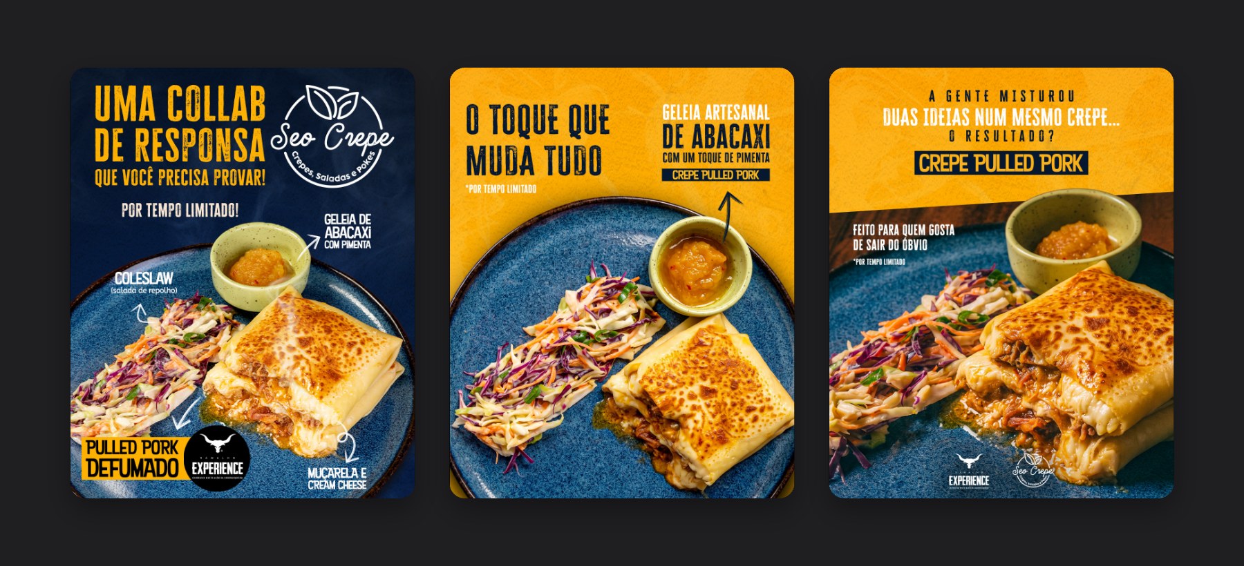 Posts da collab Seo Crepe e Ramalho Experience destacando os ingredientes do Crepe Pulled Pork Posts da collab Seo Crepe e Ramalho Experience destacando os ingredientes do Crepe Pulled Pork