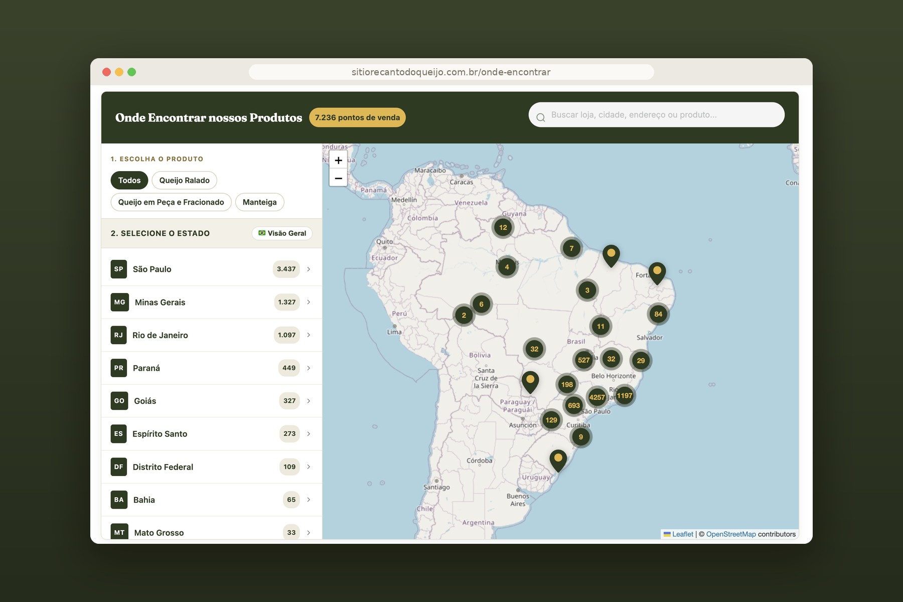 Página Onde Encontrar do Sítio Recanto do Queijo, com mapa de pontos de venda Página Onde Encontrar do Sítio Recanto do Queijo, com mapa de pontos de venda