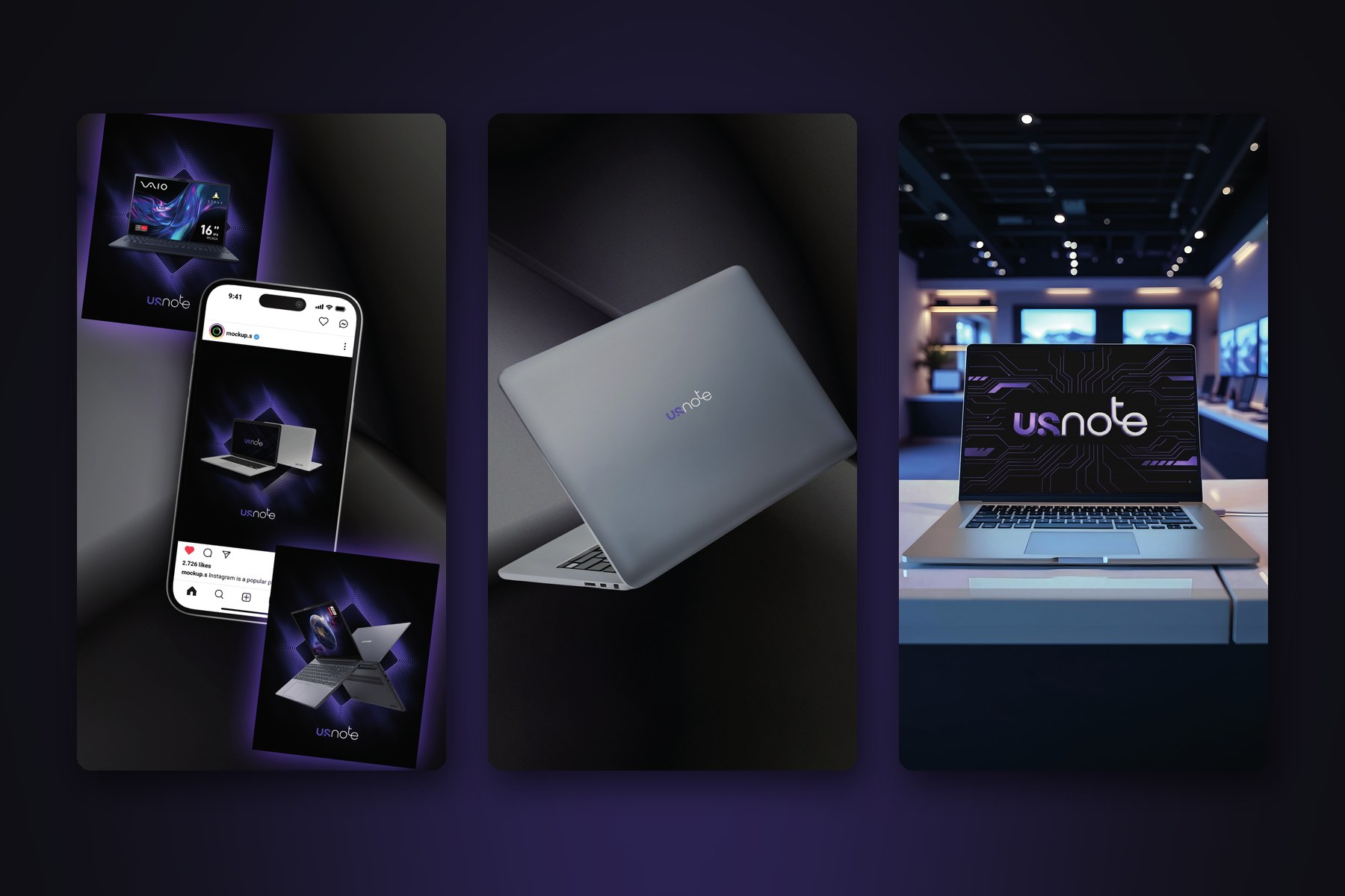 Aplicações da marca USNOTE em redes sociais e notebooks