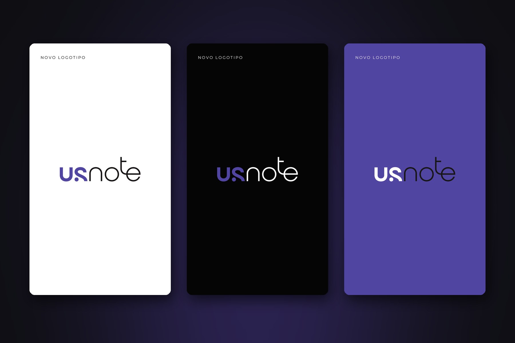Novo logotipo USNOTE na versão horizontal em fundo branco, preto e violeta