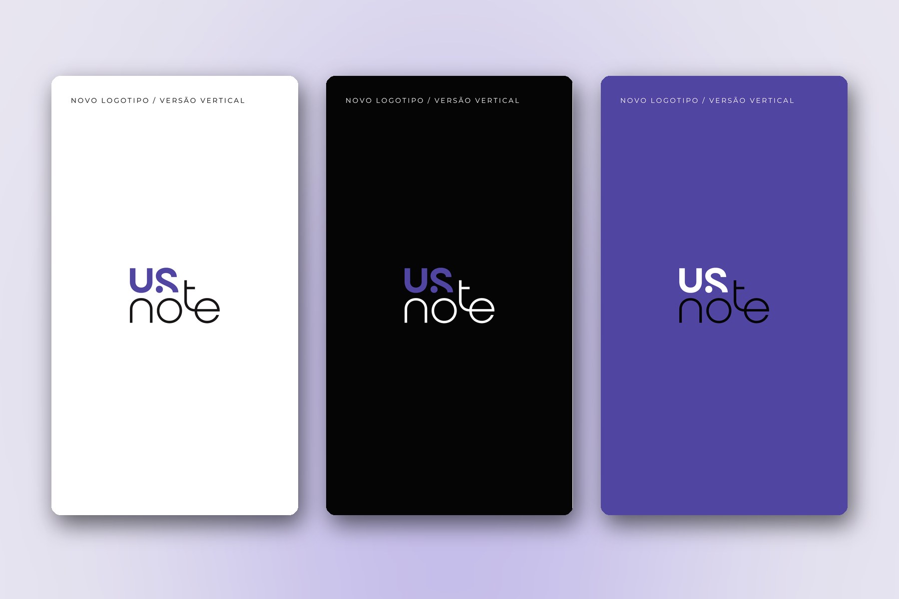 Novo logotipo USNOTE na versão vertical em fundo branco, preto e violeta